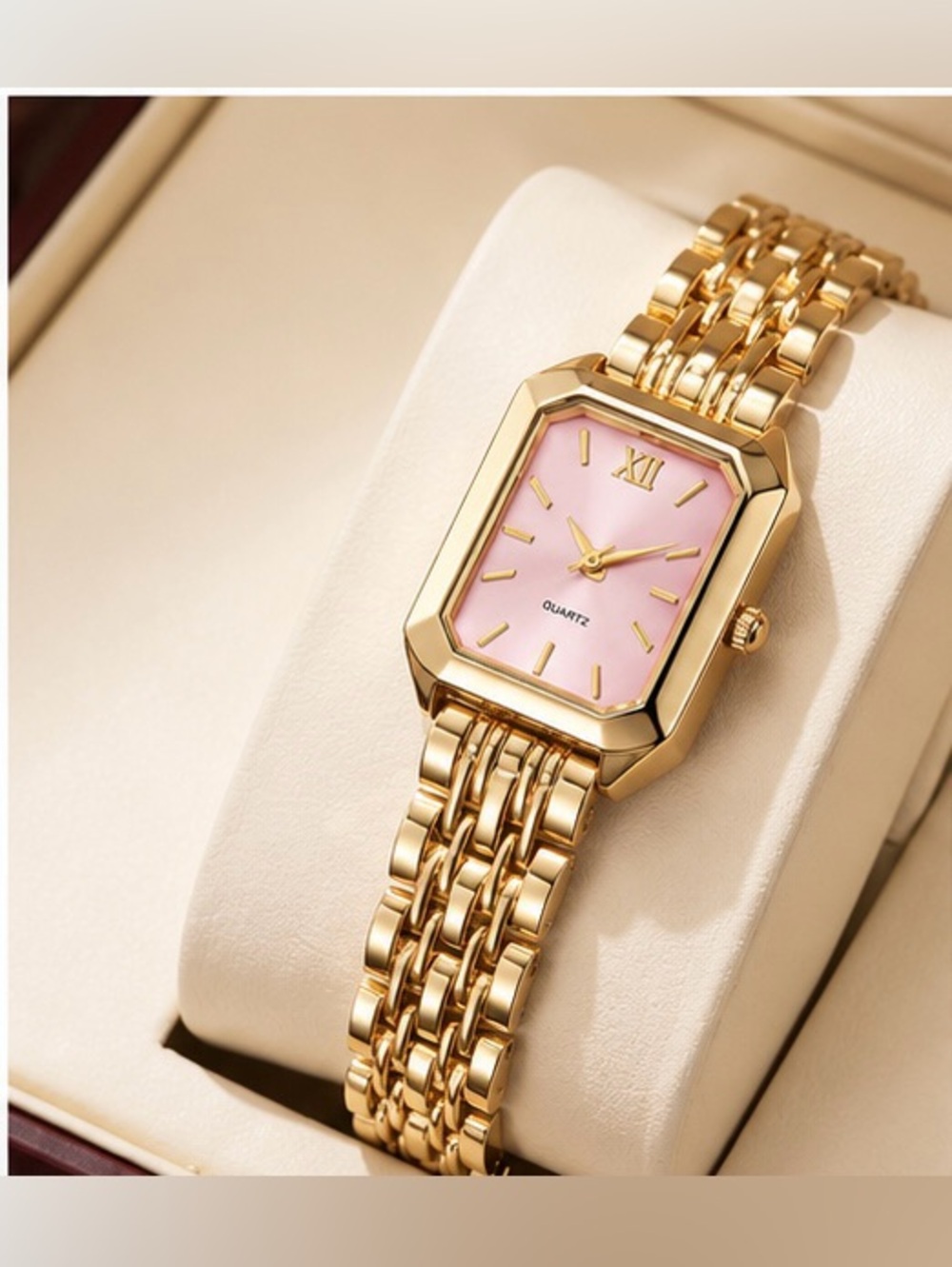 Gold-Tone Rectangle Watch with Pink Dial | Elegant Bracelet Watch | Women’s Dres